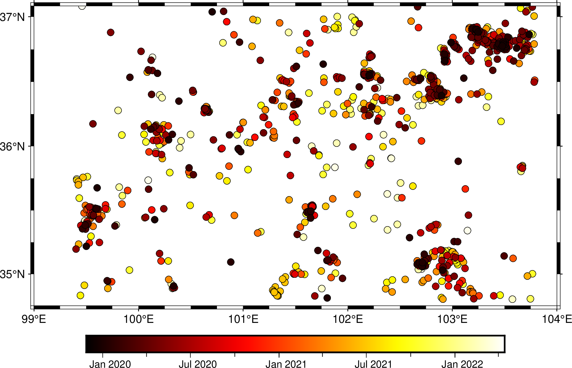 根据发震时刻绘制不同颜色的圆点