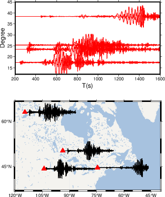 绘制地震波形震中距剖面图，以及在地理底图上绘制地震波形