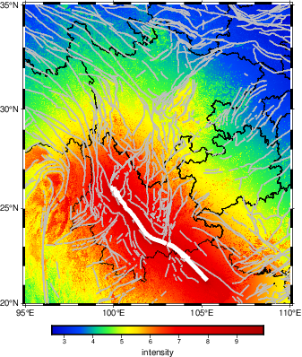 模拟一个9级地震在云贵川地区造成的地表峰值烈度