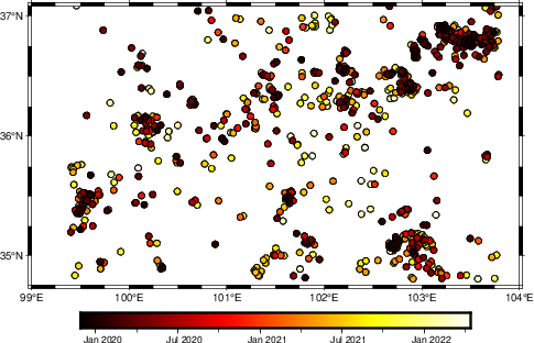 根据发震时刻绘制不同颜色的圆点